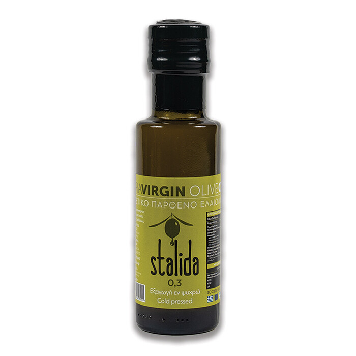 Ulei de masline extra virgin Stalida 100ML pahar din familia Damposis recolta 2024/2025 Veria, Grecia, presare la rece, varietate koroneiki, fara pesticide, gust fructat catifelat